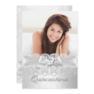 Quinceanera Silver white Lace Damask Diamond Heart