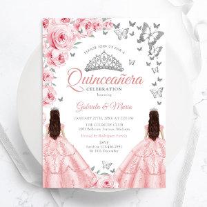 Quinceanera Silver White Pink Floral Twins