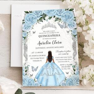Quinceañera Sky Blue Floral Gown Princess Silver