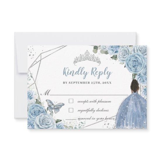Quinceañera Soft Baby Blue Floral Brown Princess RSVP Card