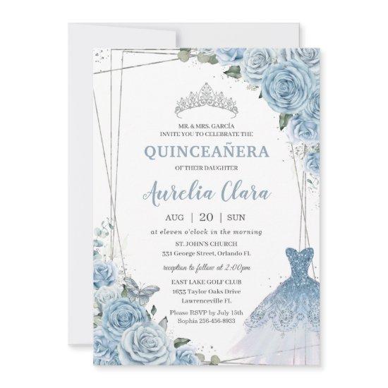 Quinceañera Soft Baby Blue Floral Roses Dress Gown