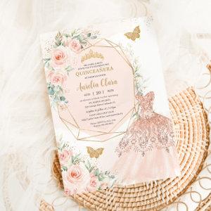 Quinceañera Soft Blush Floral Dress Butterflies