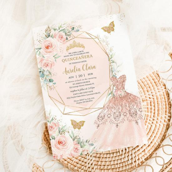 Quinceañera Soft Blush Floral Dress Butterflies