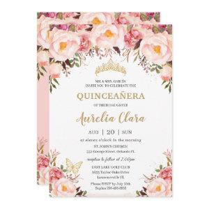 Quinceañera Soft Blush Floral Gold Tiara Butterfly