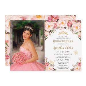 Quinceañera Soft Blush Floral Gold Tiara Butterfly