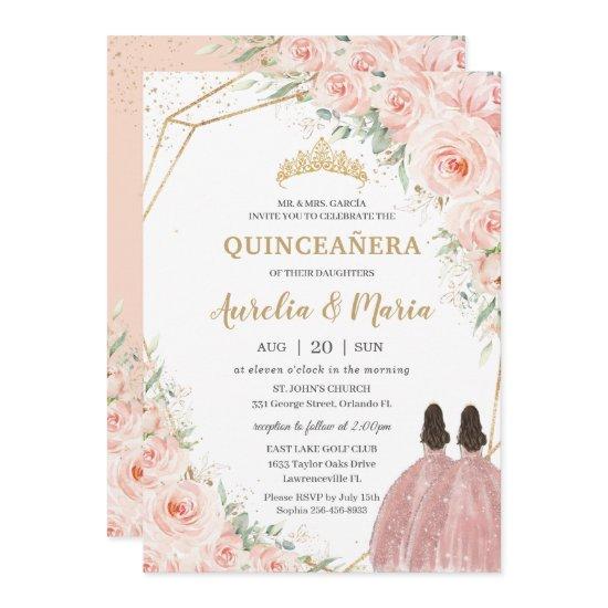 Quinceañera Soft Blush Floral Roses Flowers Twins