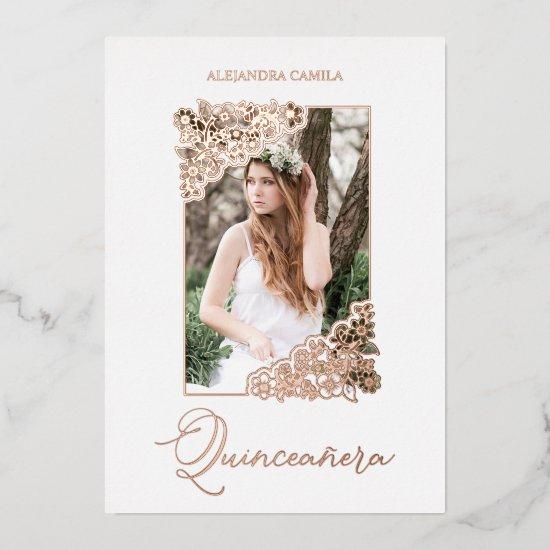 Quinceañera Spanish Romantic Floral Frame Photo Foil
