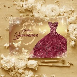 Quinceanera Sparkle Gold Burgundy Dress