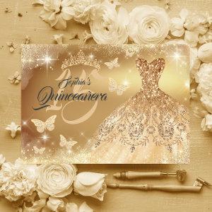 Quinceanera Sparkle Gold Butterfly Dress