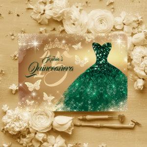 Quinceanera Sparkle Gold Emerald Dress