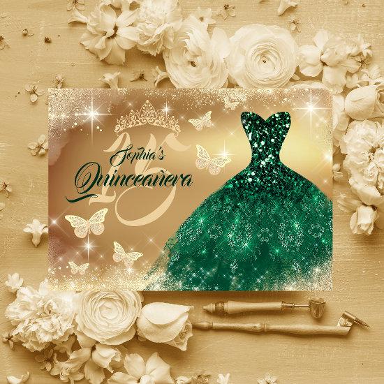 Quinceanera Sparkle Gold Emerald Dress