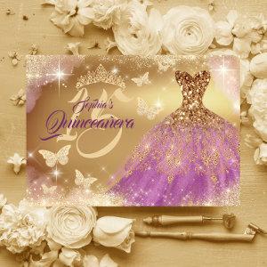 Quinceanera Sparkle Gold Purple Dress