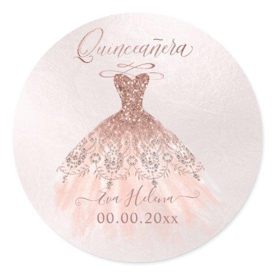 Quinceañera , Sparkle Gown, Faux Rose Gold Classic Round Sticker
