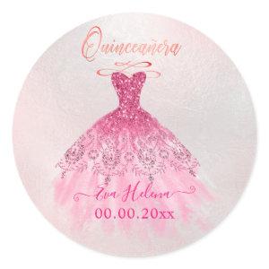 Quinceañera , Sparkle Gown, Ombre Pink Cherry Classic Round Sticker
