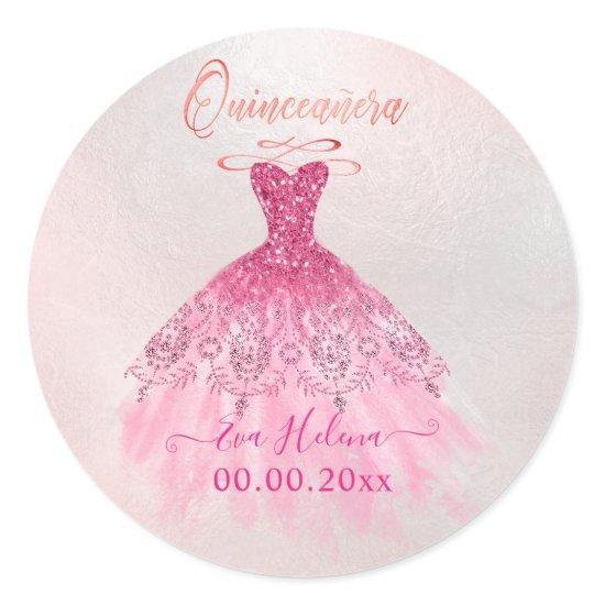 Quinceañera , Sparkle Gown, Ombre Pink Cherry Classic Round Sticker