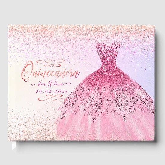 Quinceañera , Sparkle Gown, Pink Cherry Ombre Guest Book