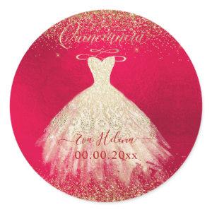 Quinceañera, Sparkle+Shimmering Gown, Faux Gold Classic Round Sticker