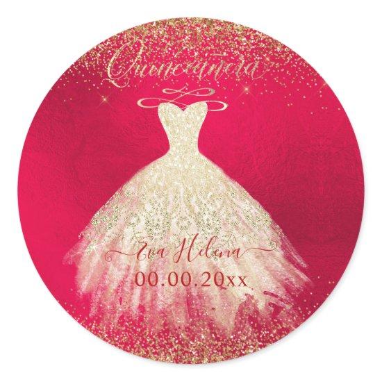 Quinceañera, Sparkle+Shimmering Gown, Faux Gold Classic Round Sticker