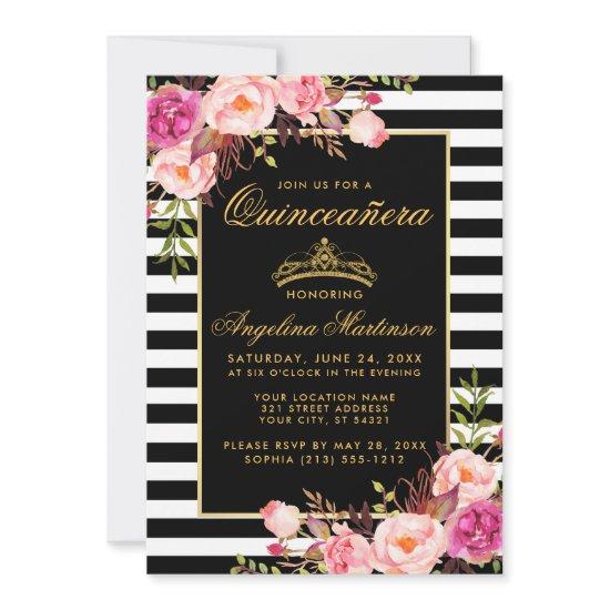 Quinceanera Striped Pink Floral Gold Crown Invite