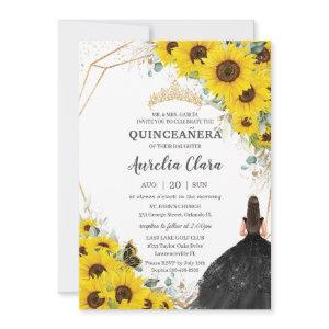 Quinceañera Sunflower Floral Gold Black Dress