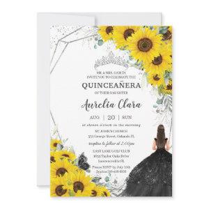Quinceañera Sunflower Floral Silver Black Dress