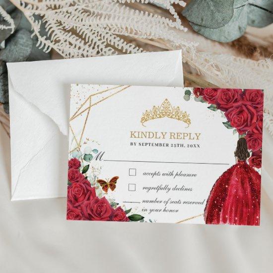 Quinceañera Sweet 16 Birthday Red Roses Floral RSVP Card
