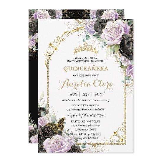 Quinceañera Sweet 16 Black Lilac Floral Padrinos