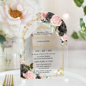 Quinceañera Sweet 16 Black Pink Floral Gold Arch Acrylic