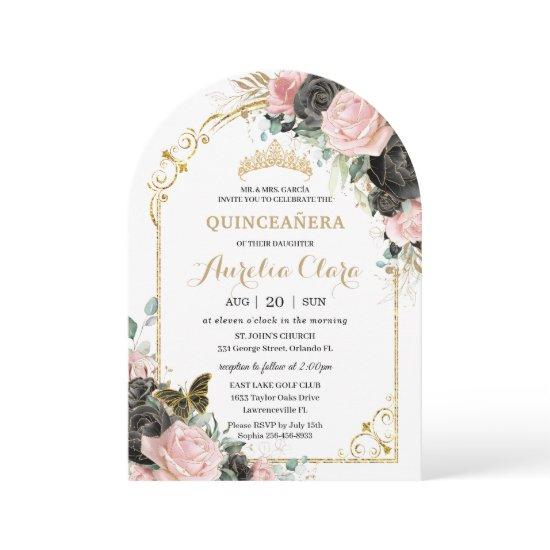Quinceañera Sweet 16 Black Pink Floral Gold Arch