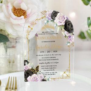 Quinceañera Sweet 16 Black Purple Floral Gold Arch Acrylic