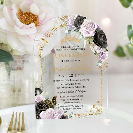 Quinceañera Sweet 16 Black Purple Floral Gold Arch Acrylic