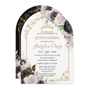 Quinceañera Sweet 16 Black Purple Floral Gold Arch