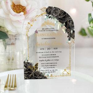 Quinceañera Sweet 16 Black Roses Floral Gold Arch Acrylic