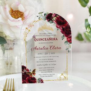 Quinceañera Sweet 16 Burgundy Floral Gold Arch Acrylic