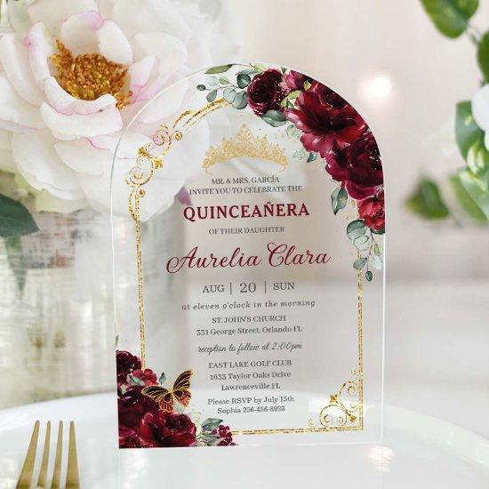 Quinceañera Sweet 16 Burgundy Floral Gold Arch Acrylic
