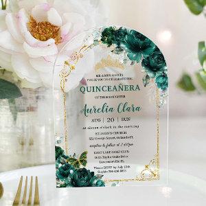 Quinceañera Sweet 16 Emerald Green Floral Gold  Acrylic