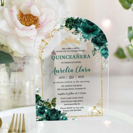 Quinceañera Sweet 16 Emerald Green Floral Gold  Acrylic