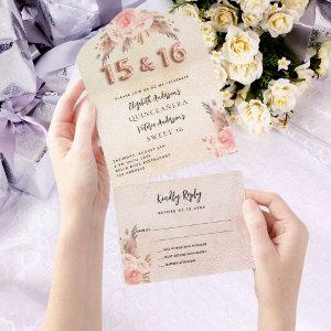 Quinceanera Sweet 16 pampas rose pink florals RSVP All In One