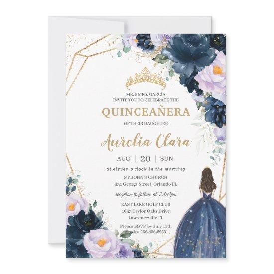 Quinceañera Sweet 16 Purple Lilac Navy Blue Floral