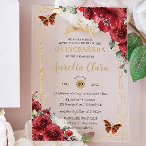 Quinceañera Sweet 16 Red Floral Gold Butterflies Acrylic