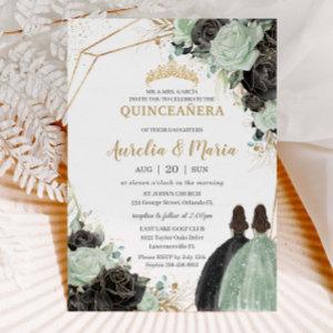 Quinceañera Sweet 16 Sage Green Black Floral Twins