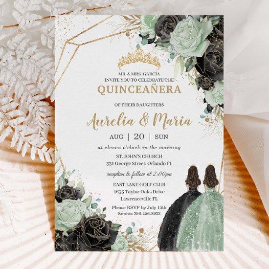 Quinceañera Sweet 16 Sage Green Black Floral Twins