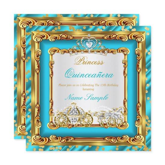 Quinceanera Teal Blue Gold Diamond Horse Carriage