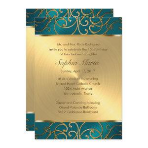 Quinceanera Teal Blue Green and Gold Filigree