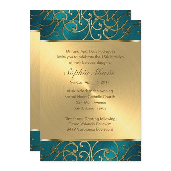 Quinceanera Teal Blue Green and Gold Filigree