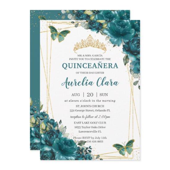 Quinceañera Teal Blue Green Floral Butterflies