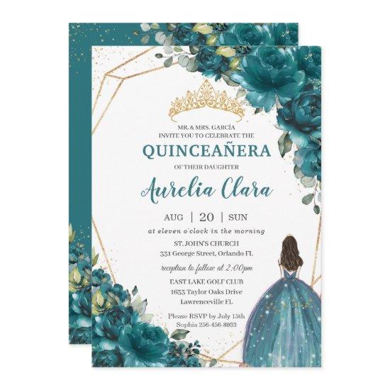 Quinceañera Teal Blue Green Floral Princess Crown