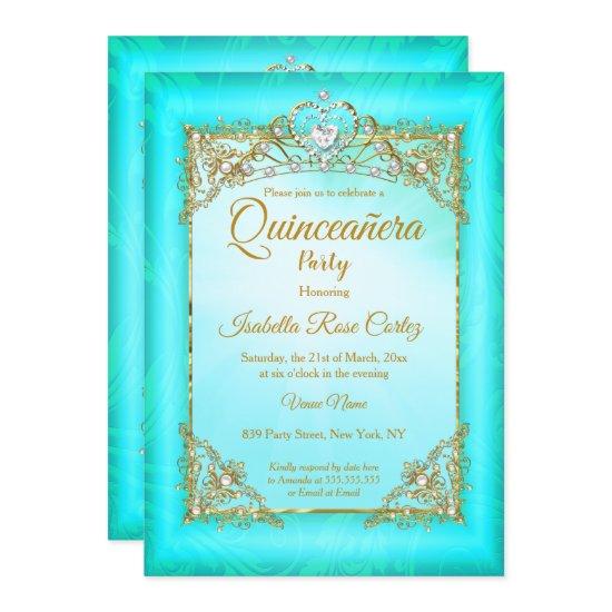 Quinceanera Teal blue pearl photo Gold Tiara party