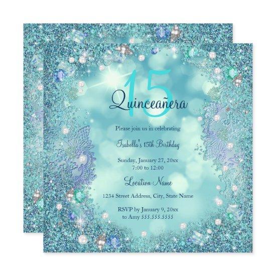 Quinceanera Teal Blue Pearls Ocean Sky Birthday