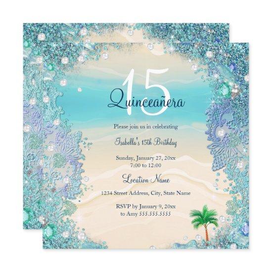 Quinceanera Teal Blue Sand Ocean Beach Birthday 2